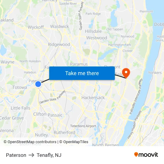 Paterson to Tenafly, NJ map