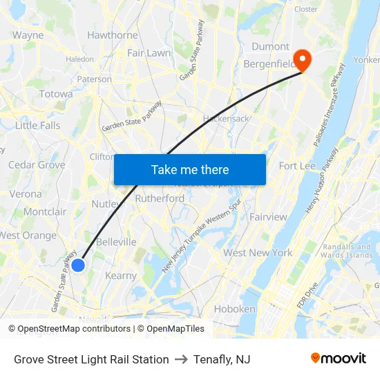 Grove Street Light Rail Station to Tenafly, NJ map
