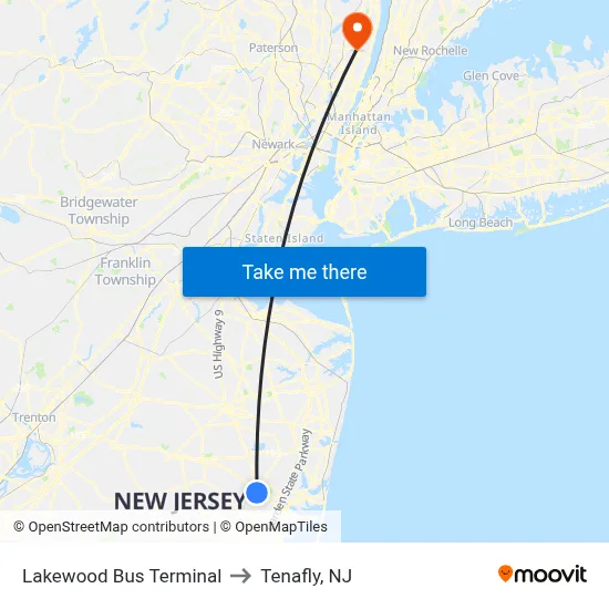 Lakewood Bus Terminal to Tenafly, NJ map