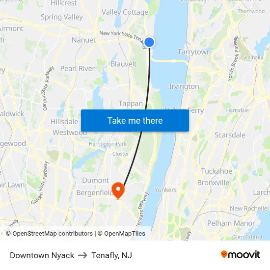 Downtown Nyack to Tenafly, NJ map