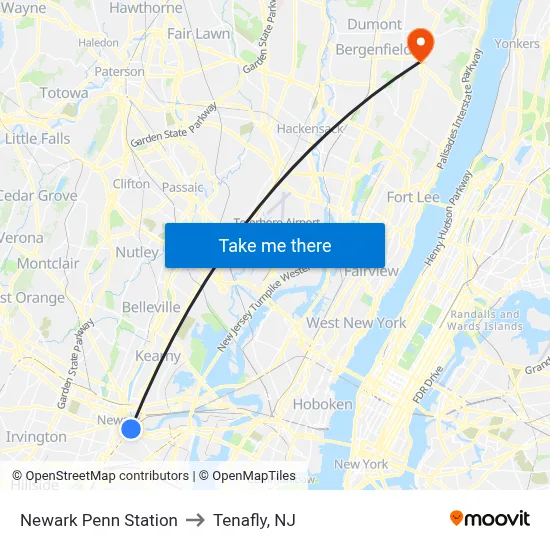 Newark Penn Station to Tenafly, NJ map