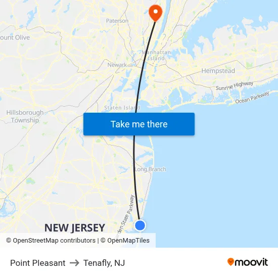 Point Pleasant to Tenafly, NJ map