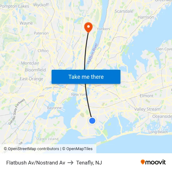 Flatbush Av/Nostrand Av to Tenafly, NJ map