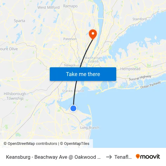 Keansburg -  Beachway Ave @ Oakwood Pl (Northbound) to Tenafly, NJ map