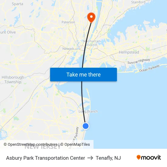 Asbury Park Transportation Center to Tenafly, NJ map