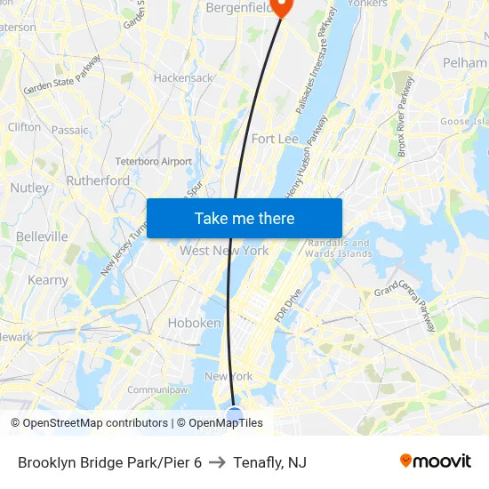 Brooklyn Bridge Park/Pier 6 to Tenafly, NJ map