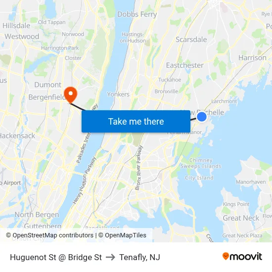 Huguenot St @ Bridge St to Tenafly, NJ map