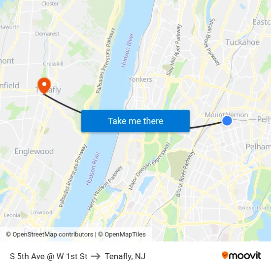 S 5th Ave @ W 1st St to Tenafly, NJ map