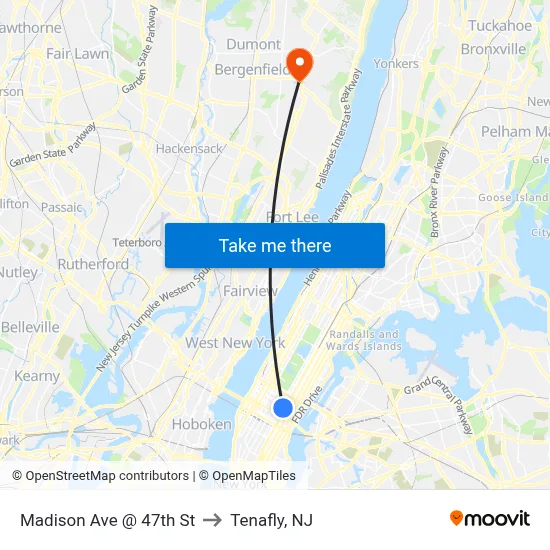 Madison Ave @ 47th St to Tenafly, NJ map