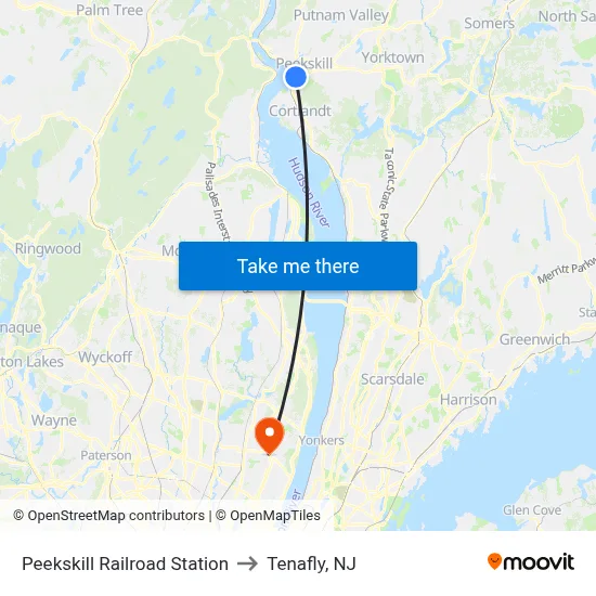 Peekskill Railroad Station to Tenafly, NJ map