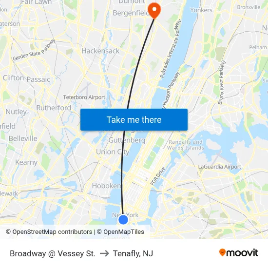 Broadway @ Vessey St. to Tenafly, NJ map