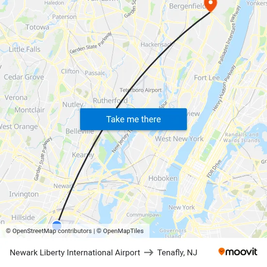 Newark Liberty International Airport to Tenafly, NJ map