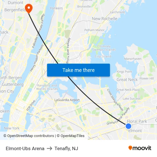 Elmont-Ubs Arena to Tenafly, NJ map