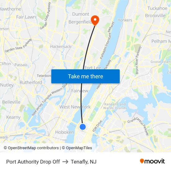 Port Authority Drop Off to Tenafly, NJ map