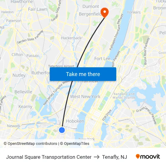 Journal Square Transportation Center to Tenafly, NJ map