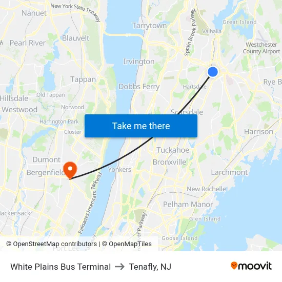 White Plains Bus Terminal to Tenafly, NJ map