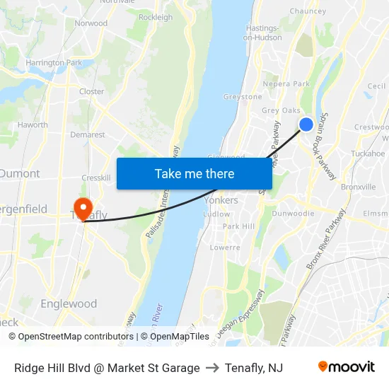 Ridge Hill Blvd @ Market St Garage to Tenafly, NJ map