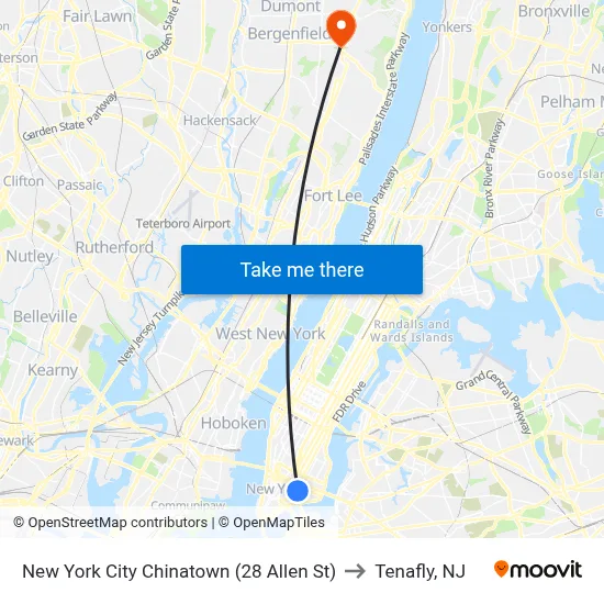 New York City Chinatown (28 Allen St) to Tenafly, NJ map