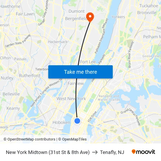 New York Midtown (31st St & 8th Ave) to Tenafly, NJ map