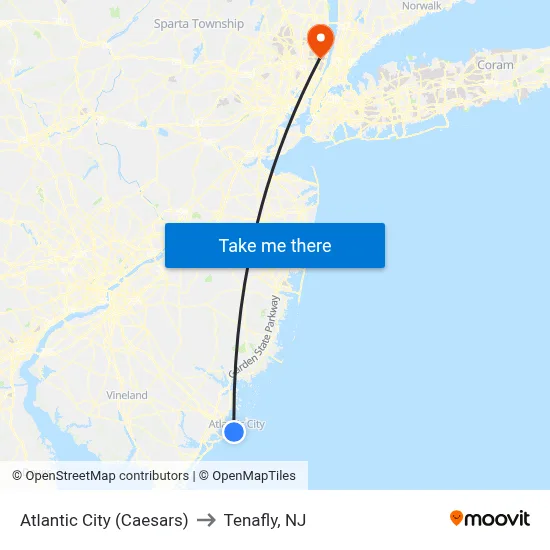 Atlantic City (Caesars) to Tenafly, NJ map