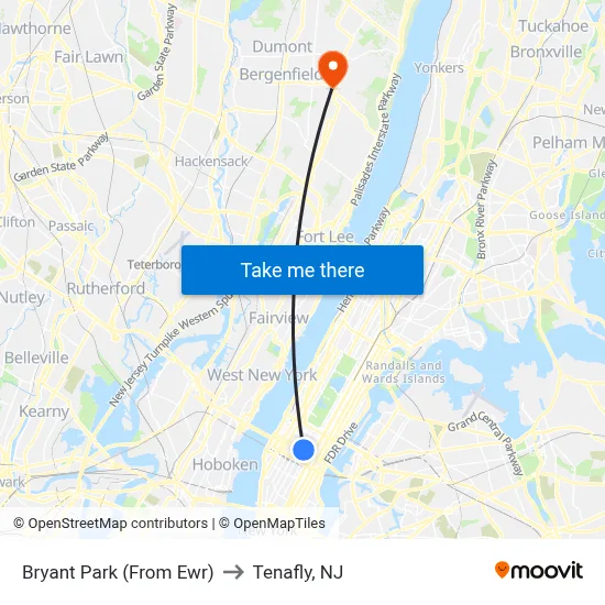Bryant Park (From Ewr) to Tenafly, NJ map