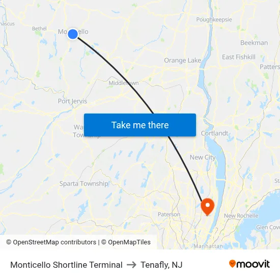 Monticello Shortline Terminal to Tenafly, NJ map