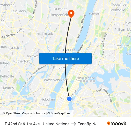 E 42nd St & 1st Ave - United Nations to Tenafly, NJ map