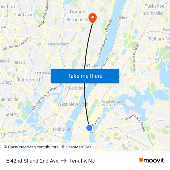 E 42nd St and 2nd Ave to Tenafly, NJ map