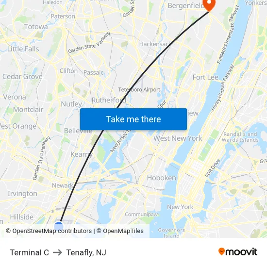Terminal C to Tenafly, NJ map