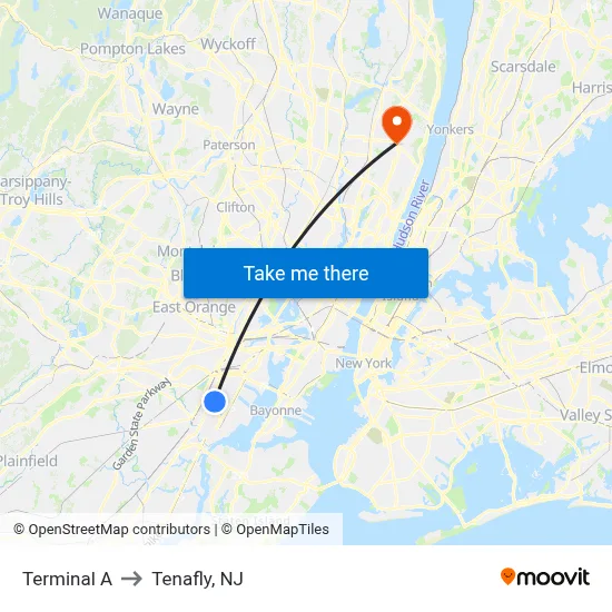 Terminal A to Tenafly, NJ map