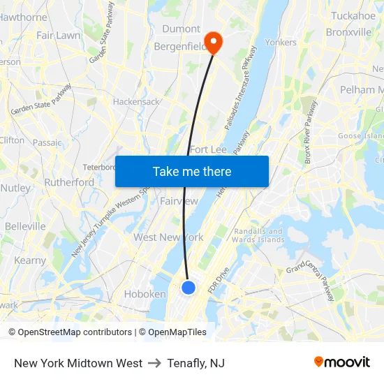 New York Midtown West to Tenafly, NJ map