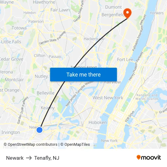 Newark to Tenafly, NJ map
