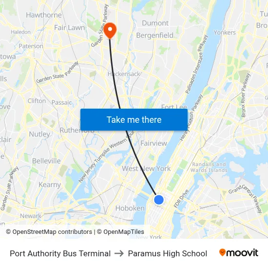 Port Authority Bus Terminal to Paramus High School map