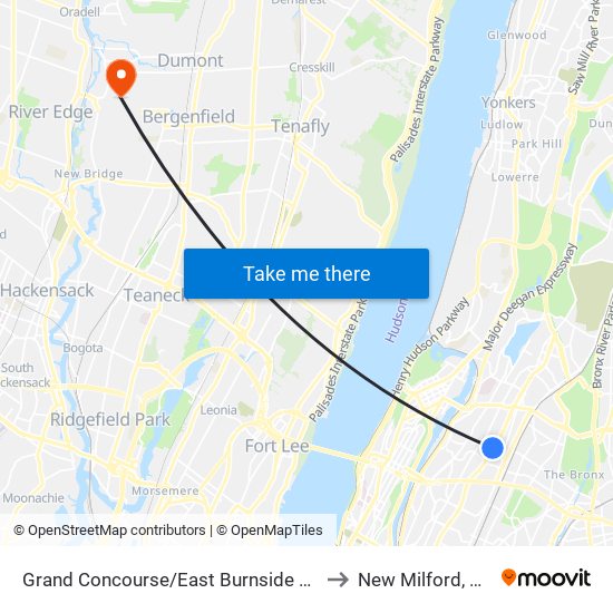 Grand Concourse/East Burnside Av to New Milford, NJ map