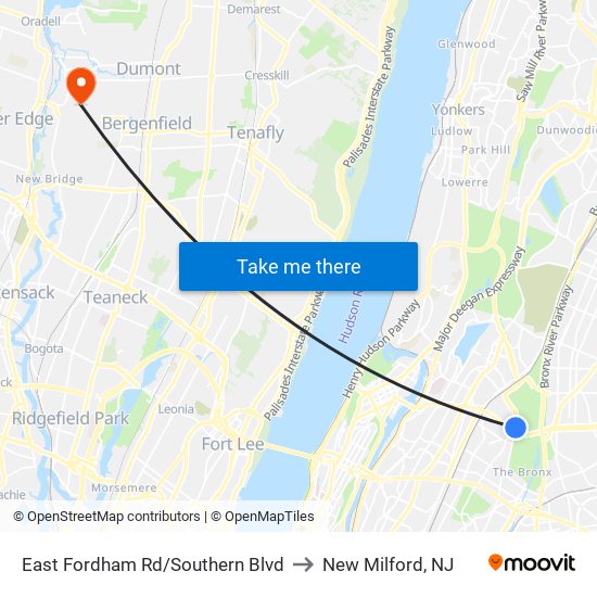 East Fordham Rd/Southern Blvd to New Milford, NJ map