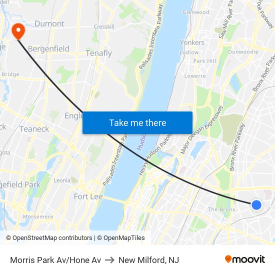 Morris Park Av/Hone Av to New Milford, NJ map