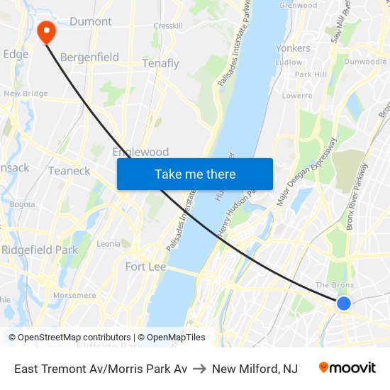 East Tremont Av/Morris Park Av to New Milford, NJ map