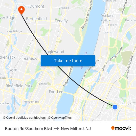 Boston Rd/Southern Blvd to New Milford, NJ map