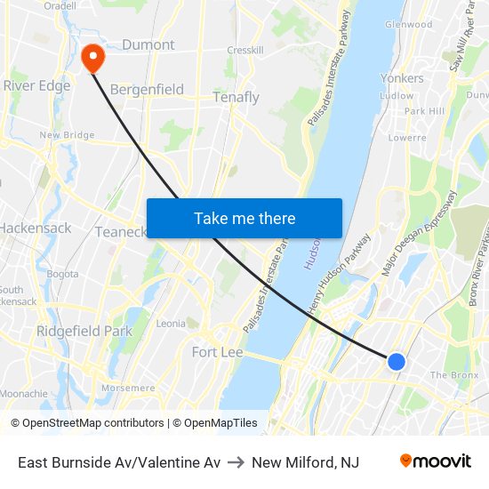 East Burnside Av/Valentine Av to New Milford, NJ map
