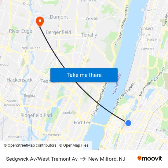 Sedgwick Av/West Tremont Av to New Milford, NJ map