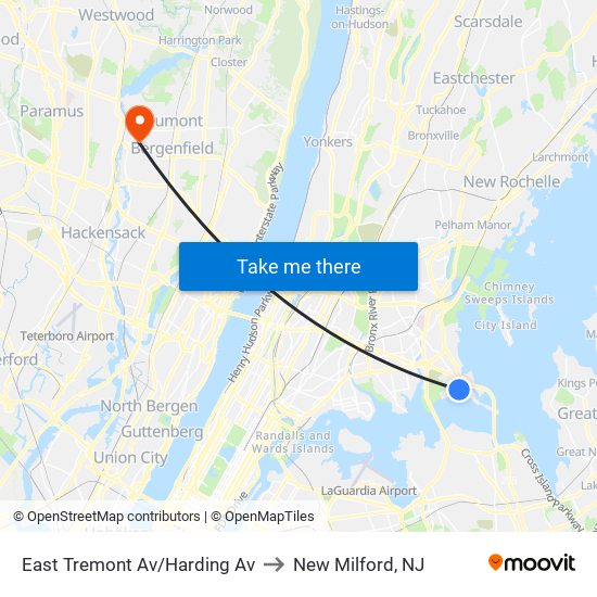 East Tremont Av/Harding Av to New Milford, NJ map