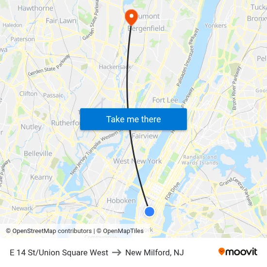 E 14 St/Union Square West to New Milford, NJ map