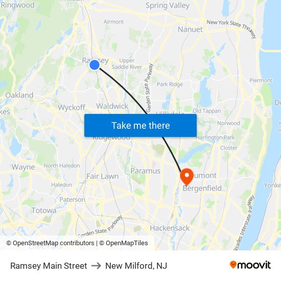 Ramsey Main Street to New Milford, NJ map