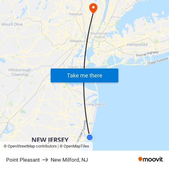 Point Pleasant to New Milford, NJ map