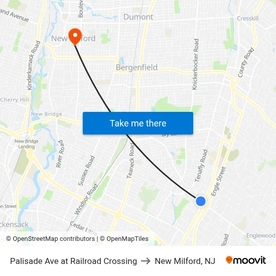 Palisade Ave at Railroad Crossing to New Milford, NJ map