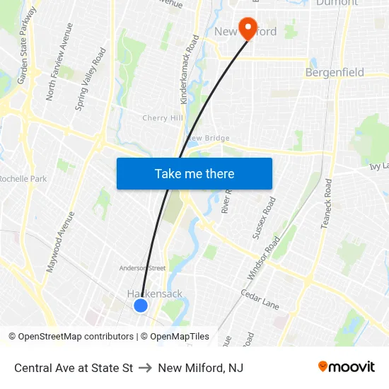 Central Ave at State St to New Milford, NJ map