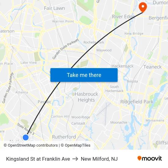 Kingsland St at Franklin Ave to New Milford, NJ map