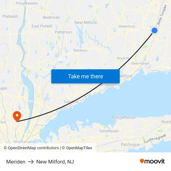 Meriden to New Milford, NJ map
