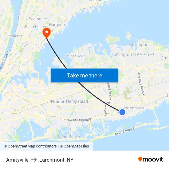 Amityville to Larchmont, NY map