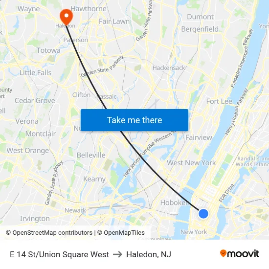 E 14 St/Union Square West to Haledon, NJ map